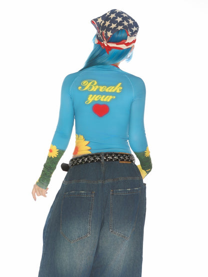 Cat Pattern Graphic Long sleeved Cropped T-Shirt【s0000011788】