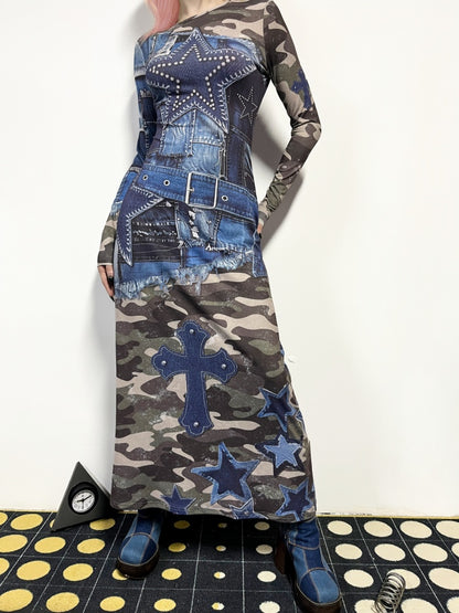 Camouflage & Denim Look Patchwork Long Sleeve Dress【s0000011778】
