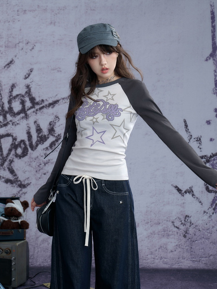 Star Print Raglan Shoulder Long Sleeve T-Shirt【s0000011929】