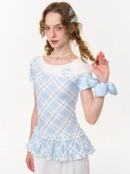 Ruffle Hem Faux Two Piece Bow Plaid Crew Neck Short Sleeve T-Shirt【s0000013004】