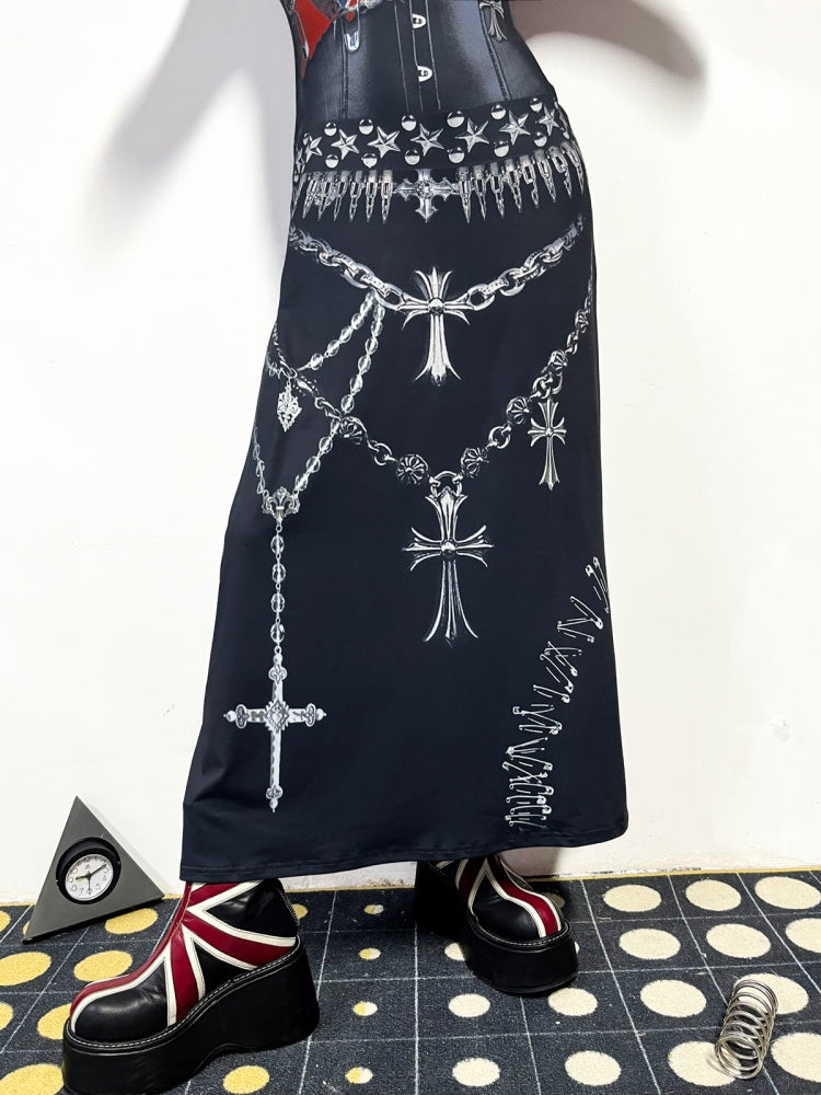 Punk Cross & Chain Motif  Print Long Sleeve Dress【s0000011779】