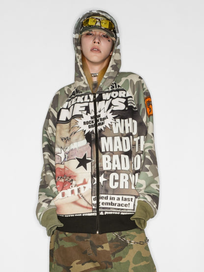 Camouflage Pattern Raglan Full Zip Oversized Hoodie Jacket 【s0000011776】