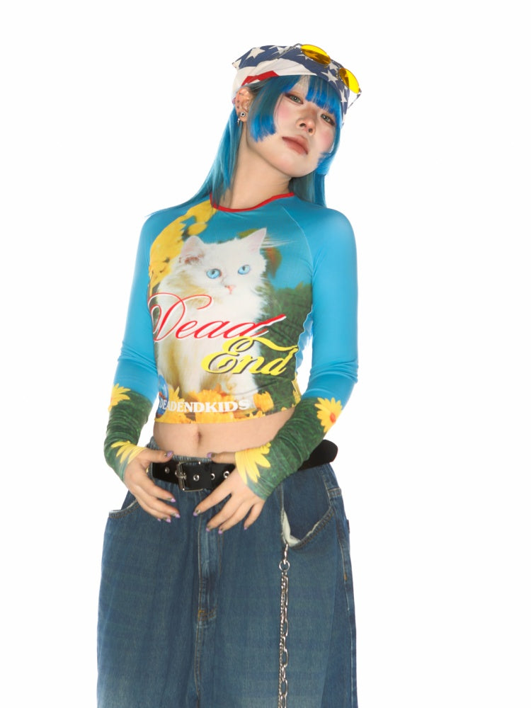 Cat Pattern Graphic Long sleeved Cropped T-Shirt【s0000011788】