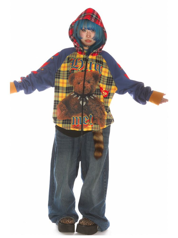Punk Bear Panel Checked Pattern Raglan Sleeve Zip-Up Hoodie【s0000011791】
