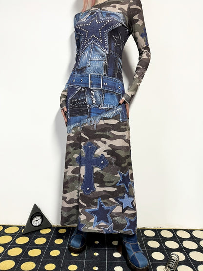Camouflage & Denim Look Patchwork Long Sleeve Dress【s0000011778】