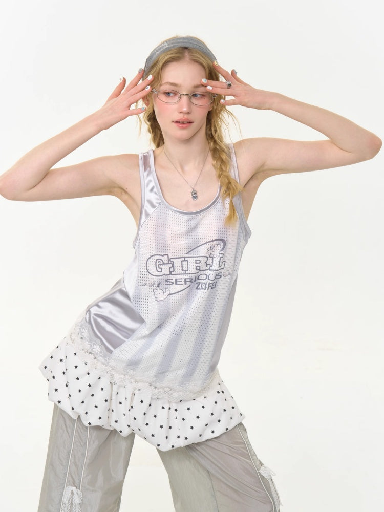 Sporty Letter Print Jersey Lace Hem Tank Top【s0000013011】