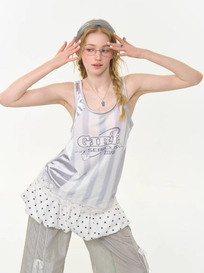 Sporty Letter Print Jersey Lace Hem Tank Top【s0000013011】