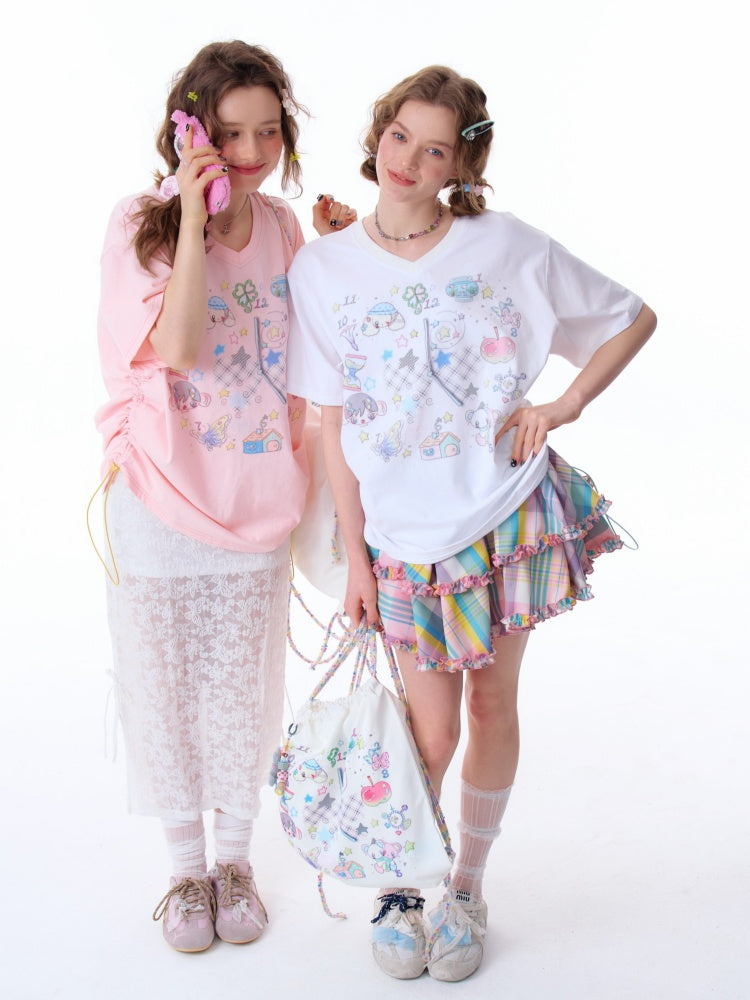 Cartoon Print Pattern V-Neck Short Sleeve T-Shirt【s0000011914】