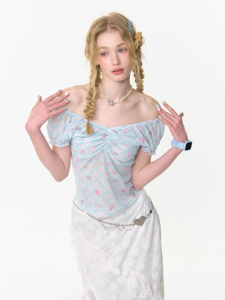 Big Gather V-Neck Plaid Puff Sleeve T-Shirt【s0000013005】