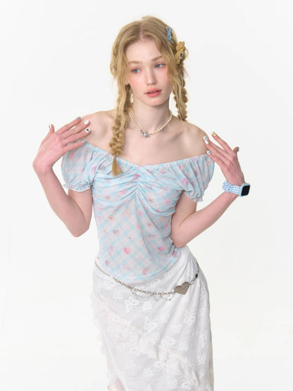 Big Gather V-Neck Plaid Puff Sleeve T-Shirt【s0000013005】