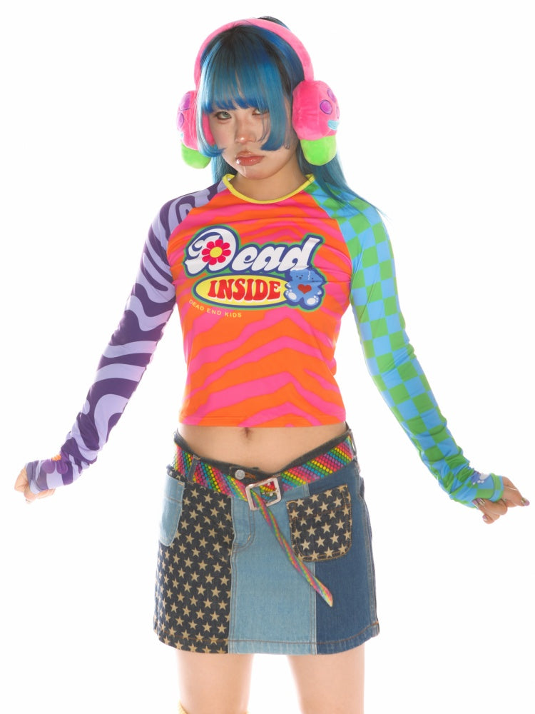 Y2K Dopamine Color Blocked Print Long sleeved T-Shirt【s0000011785】