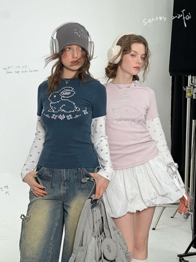Rabbit & Star Print Fake Layering Long Sleeve T-Shirt【s0000011750】