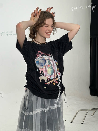 Rabbit Print Three Dimensional Lace Loose Crew Neck Short Sleeve T-Shirt【s0000011755】