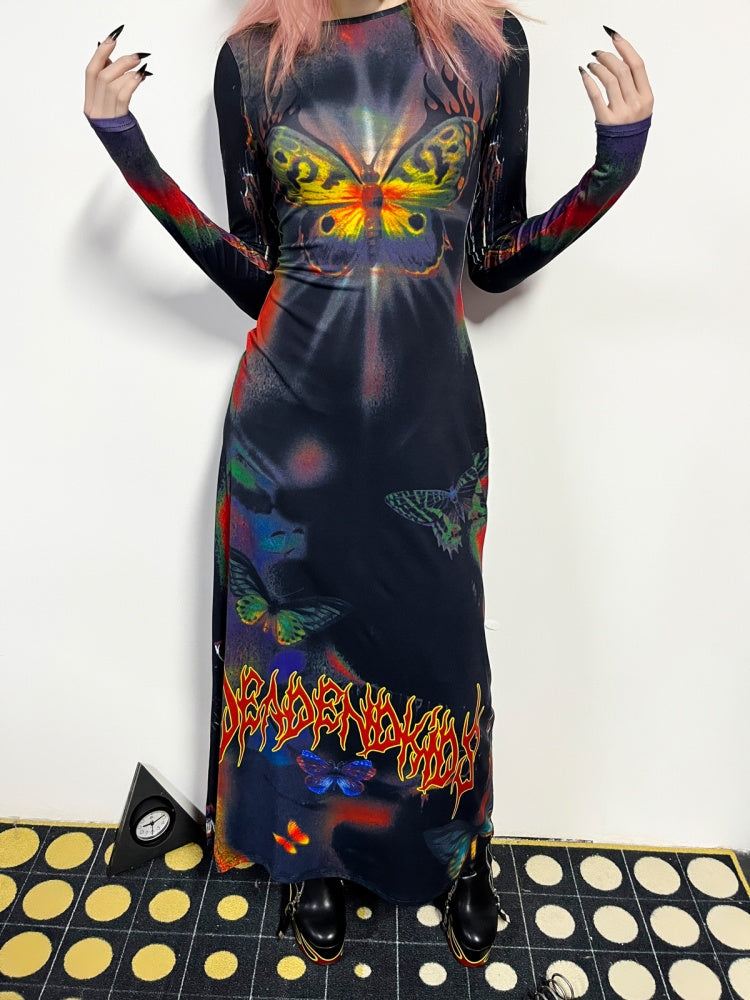 Butterfly Graphic Tight Fit Long Sleeve Dress【s0000011781】