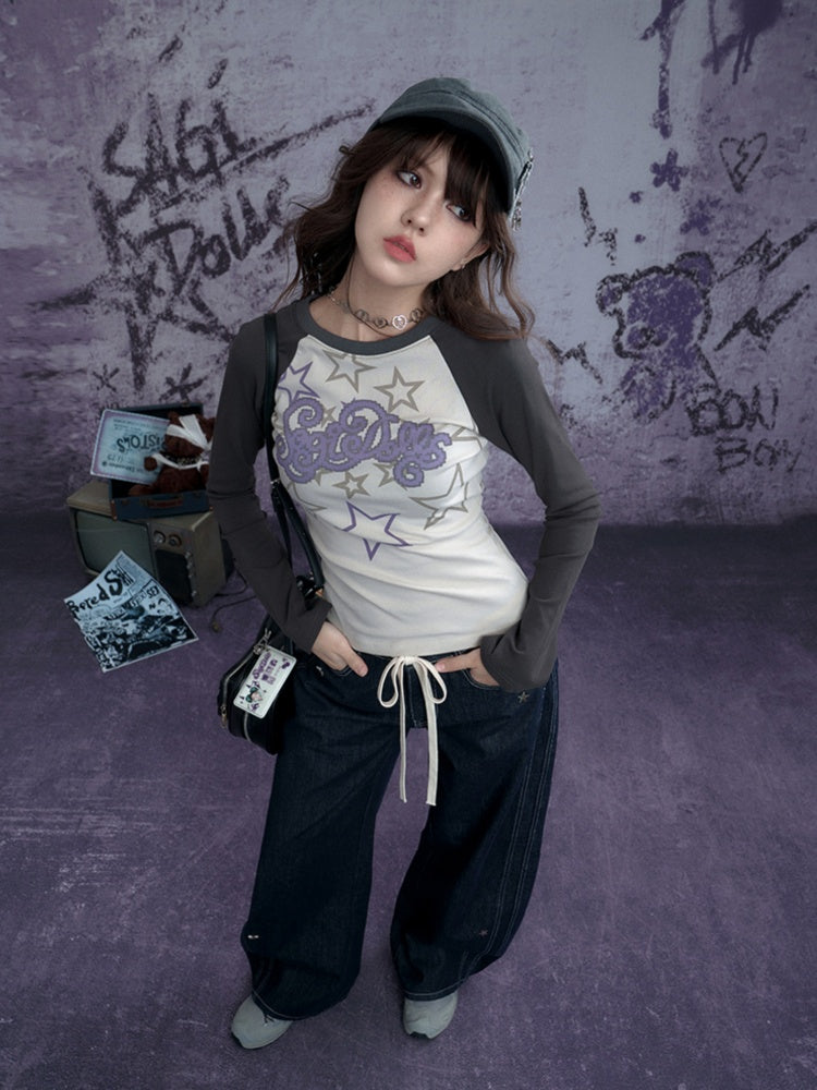 Star Print Raglan Shoulder Long Sleeve T-Shirt【s0000011929】