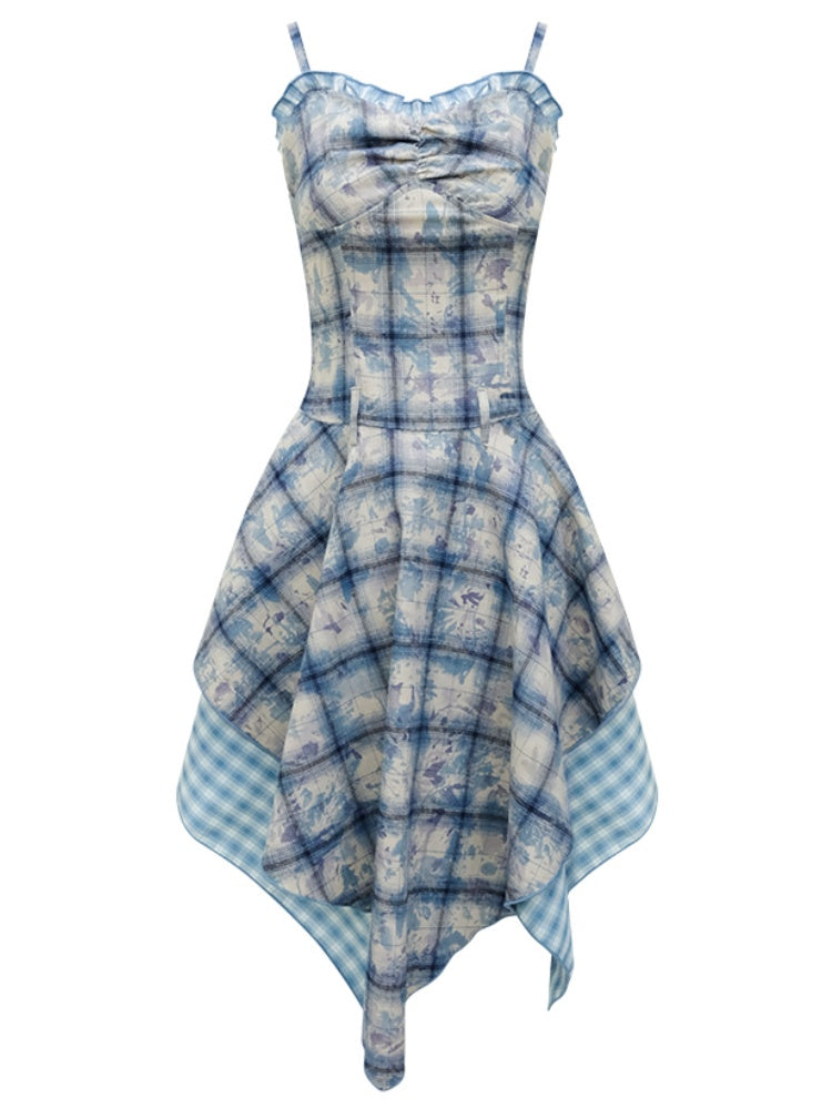 Asymmetric Hem Gingham Check Pattern Flare Camisole Dress【s0000011749】