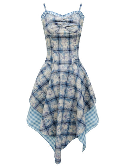 Asymmetric Hem Gingham Check Pattern Flare Camisole Dress【s0000011749】