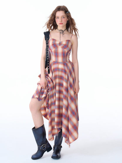 Cinched Waist Red Check Irregular Suspender Dress【s0000011911】