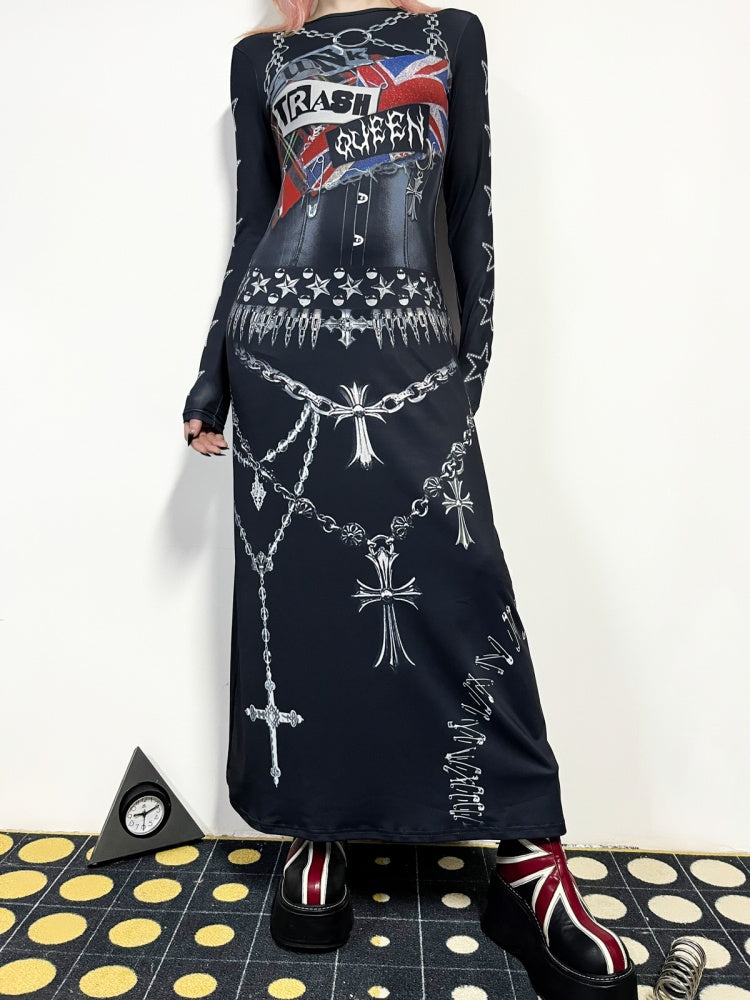 Punk Cross & Chain Motif  Print Long Sleeve Dress【s0000011779】