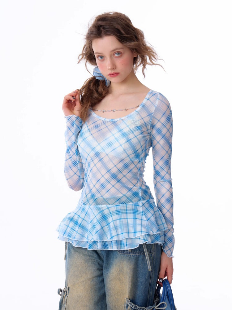Semi Sheer Blue Plaid Hem Ruffles Long Sleeve T-Shirt【s0000011922】