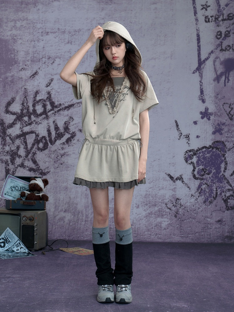 Graffiti Print Fake Layered Frill Drawstring Dress【s0000011930】