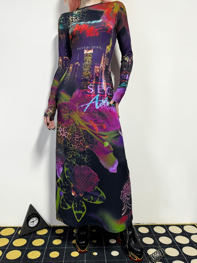 Leopard & Floral Print Long Sleeve A-Line Flare Dress【s0000011780】