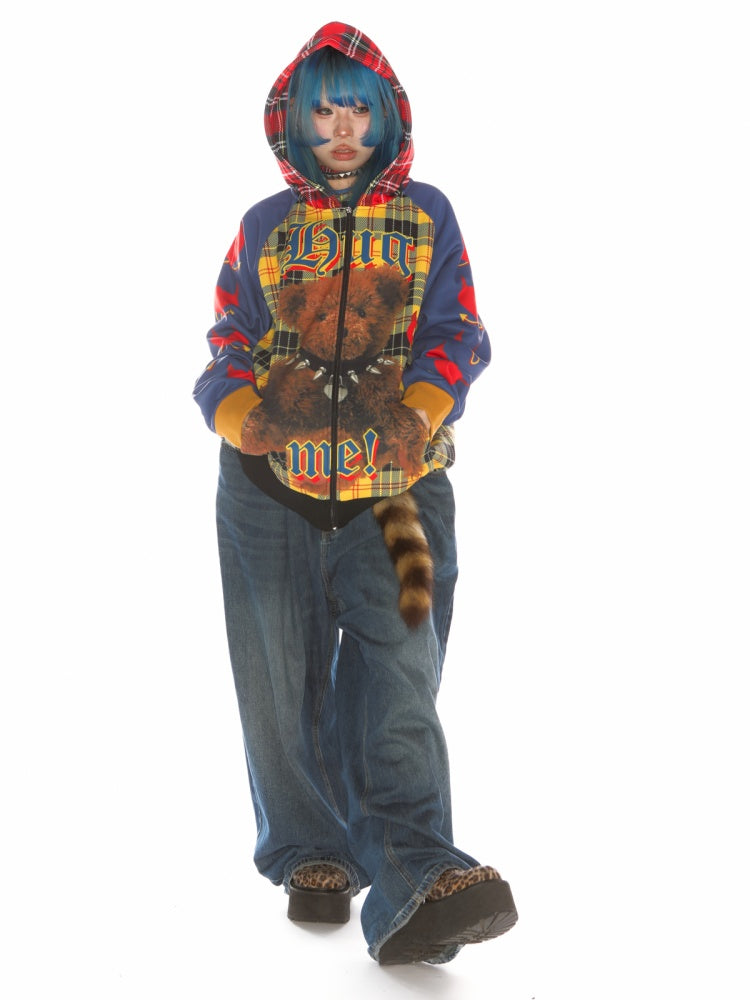 Punk Bear Panel Checked Pattern Raglan Sleeve Zip-Up Hoodie【s0000011791】