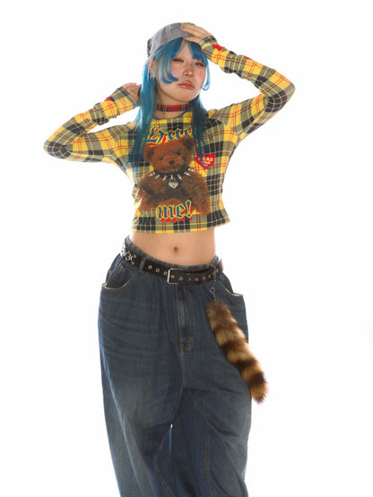 Teddy Bear Graphic Check Long Sleeve Cropped T-Shirt【s0000011777】