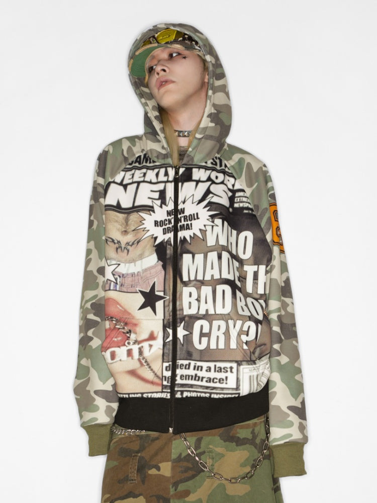 Camouflage Pattern Raglan Full Zip Oversized Hoodie Jacket 【s0000011776】
