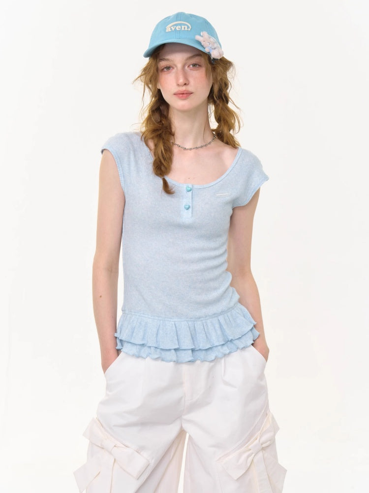 Ruffle Hem Henley Neck French Sleeve T-Shirt 【s0000013006】