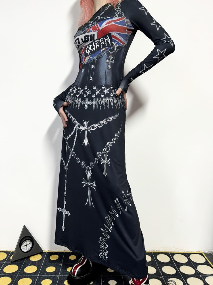 Punk Cross & Chain Motif  Print Long Sleeve Dress【s0000011779】