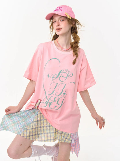 Letter Print Round Neck Loose Large Short Sleeve T-Shirt【s0000013009】