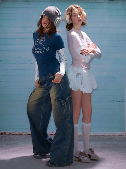 Rabbit & Star Print Fake Layering Long Sleeve T-Shirt【s0000011750】