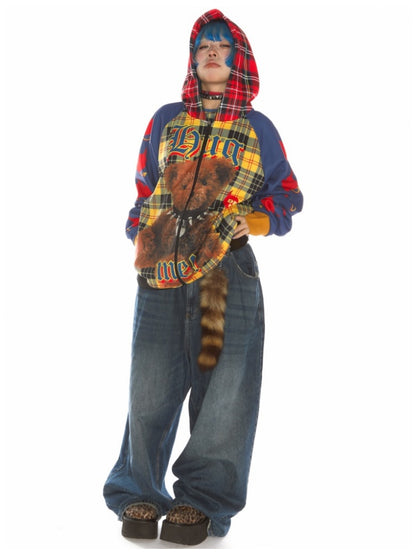 Punk Bear Panel Checked Pattern Raglan Sleeve Zip-Up Hoodie【s0000011791】