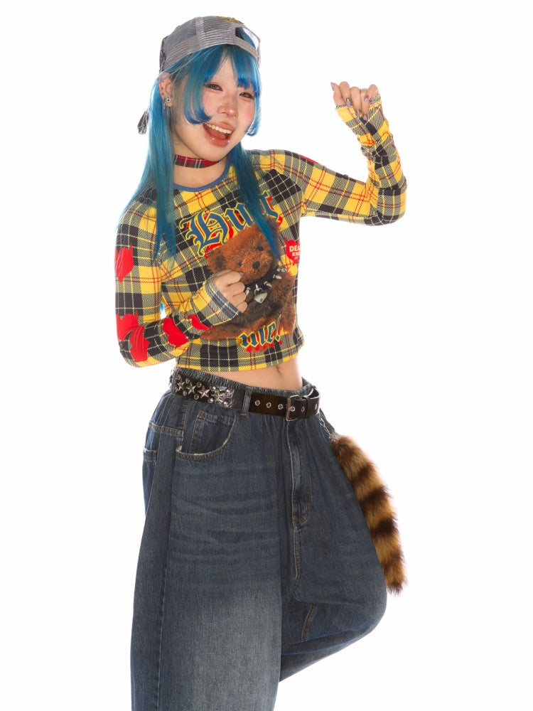 Teddy Bear Graphic Check Long Sleeve Cropped T-Shirt【s0000011777】