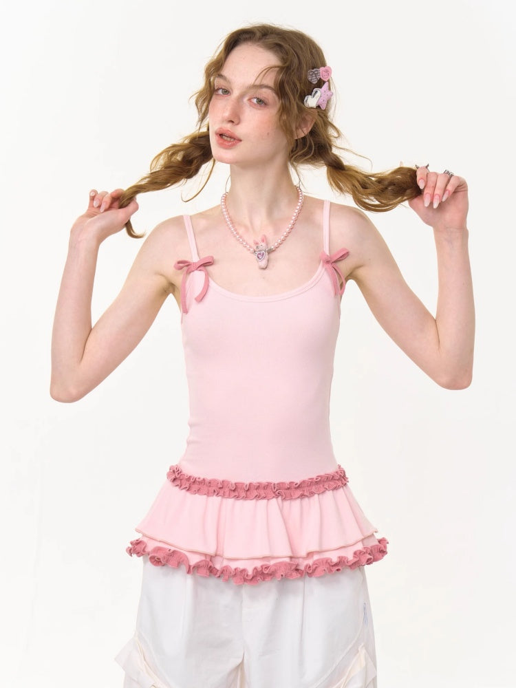 Ruffle Lace Pleated Hem Bow Camisole【s0000013008】