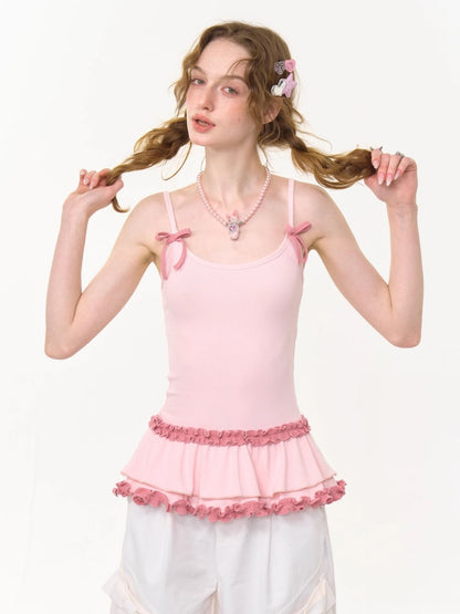 Ruffle Lace Pleated Hem Bow Camisole【s0000013008】