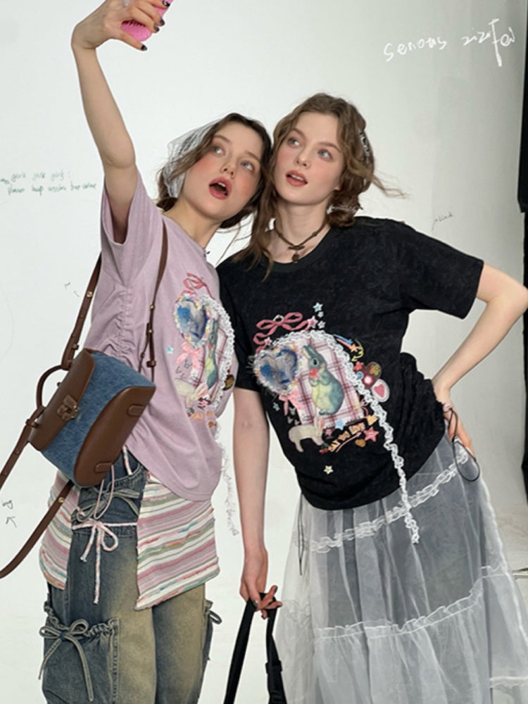 Rabbit Print Three Dimensional Lace Loose Crew Neck Short Sleeve T-Shirt【s0000011755】