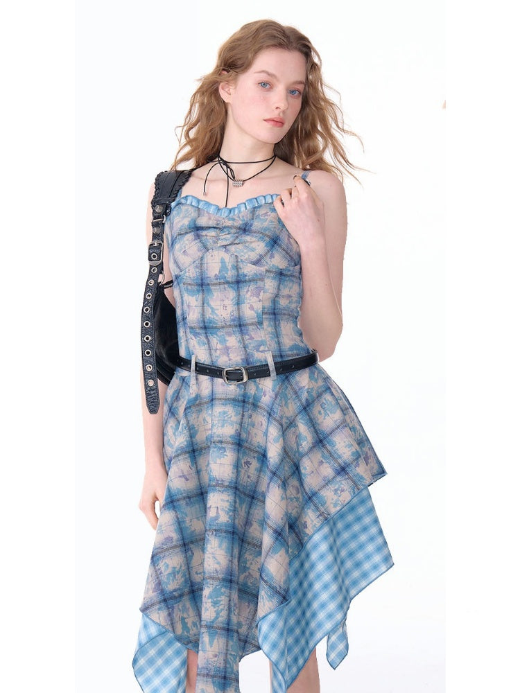Asymmetric Hem Gingham Check Pattern Flare Camisole Dress【s0000011749】