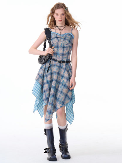 Asymmetric Hem Gingham Check Pattern Flare Camisole Dress【s0000011749】