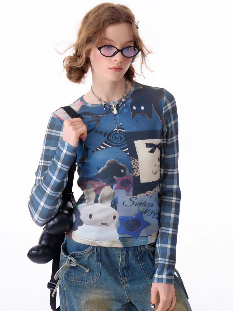 Animal Collage Print Glen Check Switch Slim Long Sleeved T-Shirt【s0000011752】