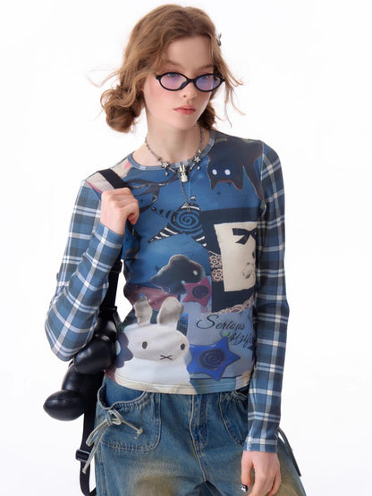 Animal Collage Print Glen Check Switch Slim Long Sleeved T-Shirt【s0000011752】