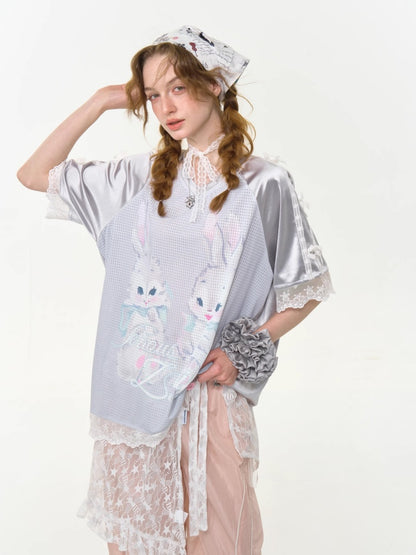 Lace Hem Rabbit Print V-Neck Loose Short Sleeve T-Shirt【s0000013010】