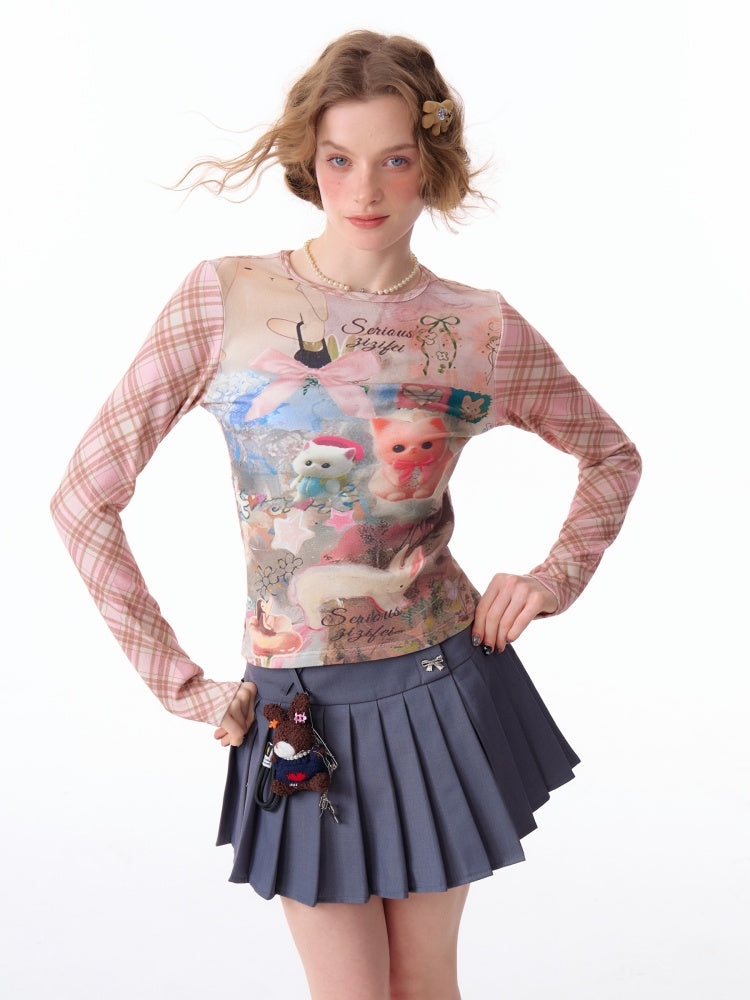 Pink Check Rabbit Print Slim Long Sleeved T-Shirt【s0000011921】