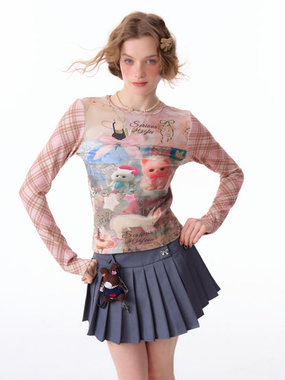 Pink Check Rabbit Print Slim Long Sleeved T-Shirt【s0000011921】