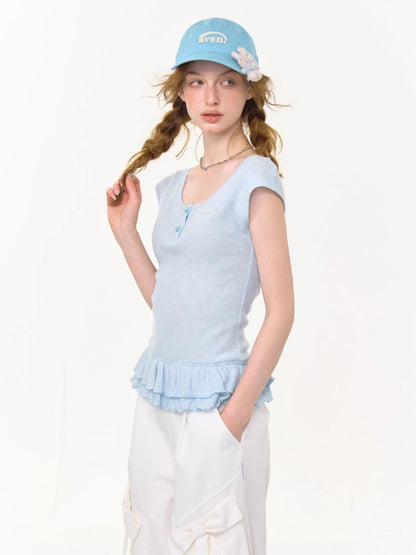 Ruffle Hem Henley Neck French Sleeve T-Shirt 【s0000013006】