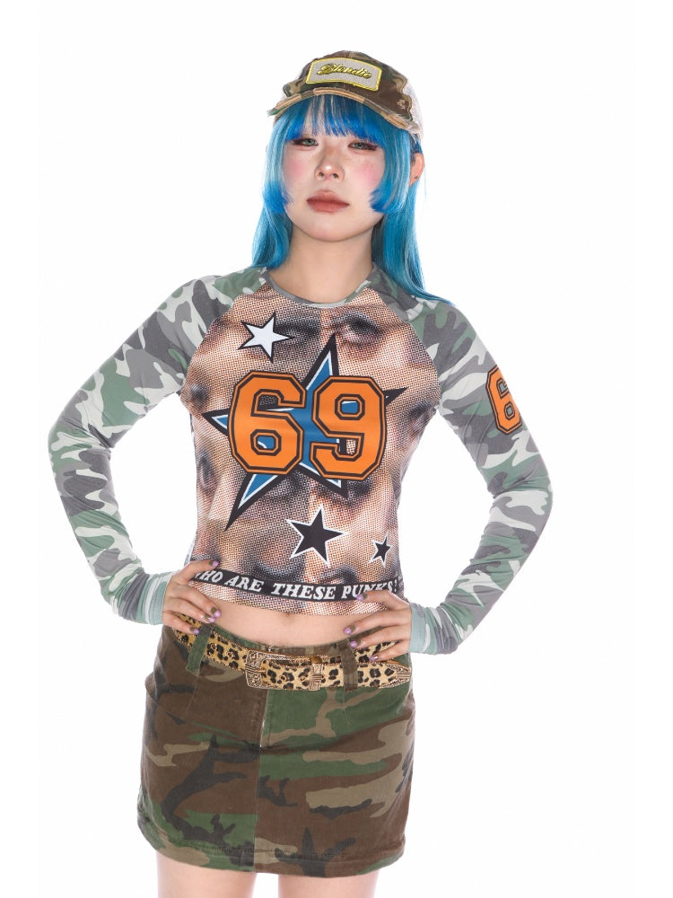 Camo Numbering Raglan Long Sleeve T-Shirt【s0000011787】