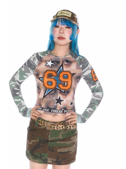 Camo Numbering Raglan Long Sleeve T-Shirt【s0000011787】