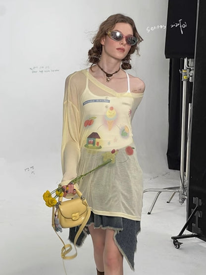 Drawstring Print Semi Sheer Loose V-Neck Long Sleeved T-Shirt【s0000011751】