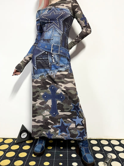 Camouflage & Denim Look Patchwork Long Sleeve Dress【s0000011778】